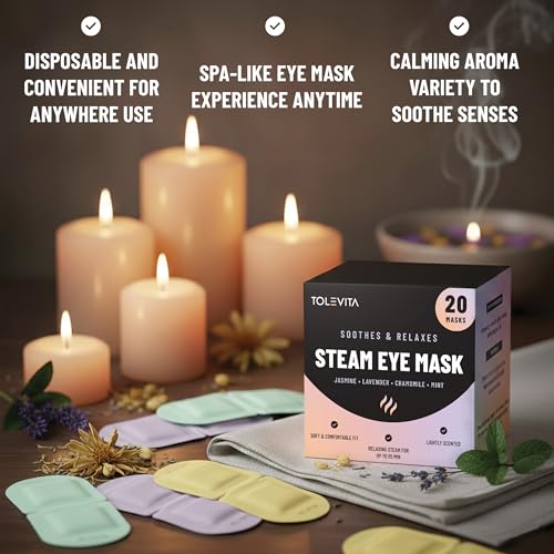 TOLEVITA Self-Heating Disposable Eye Masks - 20 Pack with Lavender, Mint, Jasmine & Chamomile Aromas, Travel & Spa Relaxation, 4 Variants