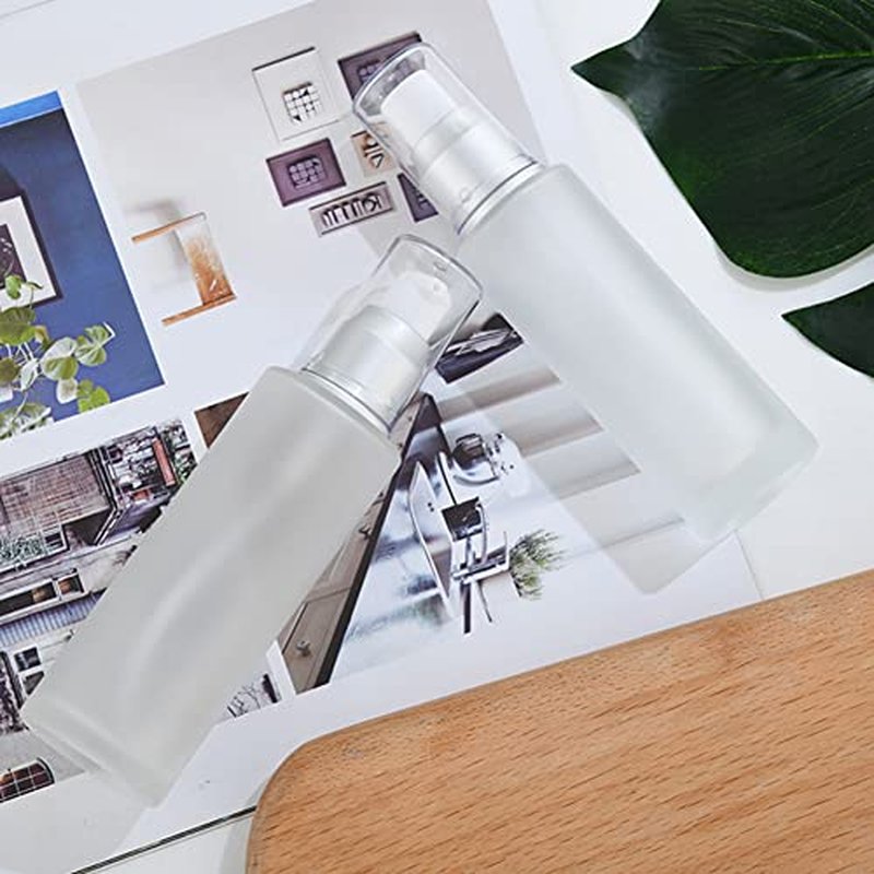 3PCS 30ml/1oz Empty Refillable Clear Frosted Glass Cosmetic Lotion Bottle Travel Toiletries Container Pump Dispenser Vials Pot Jars for Cream Foundation Emulsion Essencial Oil (Pack of 2)