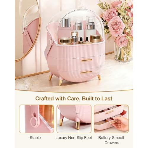 Makeup Organizer with Drawers & Lid - Portable Large Cosmetic Storage Case for Vanity Countertop, Travel, Gift for Women, Girls, 11"¡¿7"¡¿15", Pink
