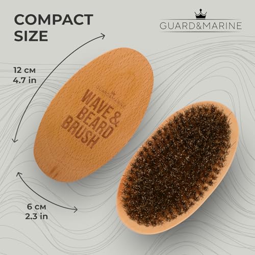 GUARD&MARINE Wave & Beard Brush for Men ? Natural Boar Bristles, Palm Curve Design, Wood Handle ? Shapes 360 Waves & Softens Beard