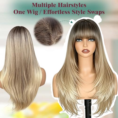 Ombre Blonde Wig with Bangs, Long 26 Inch Layered Synthetic Wig - Dark Root to Honey Blonde, Variation #Ombre Dark Root to Honey Blonde / 26 Inch