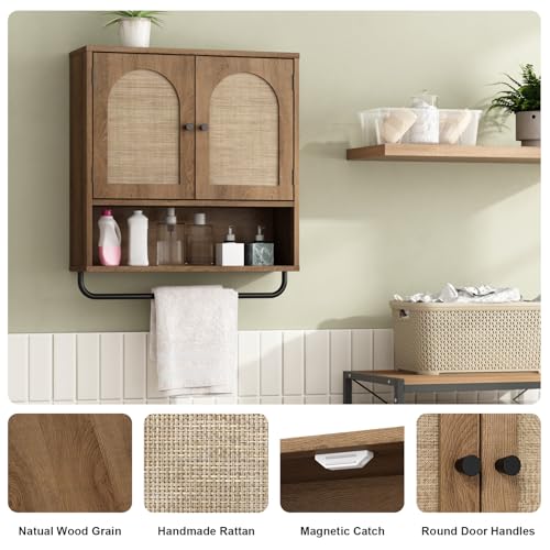 Rustic Oak Wall Cabinet with Rattan Doors - Boho Bathroom Storage, 2 Doors, Natural Oak Finish