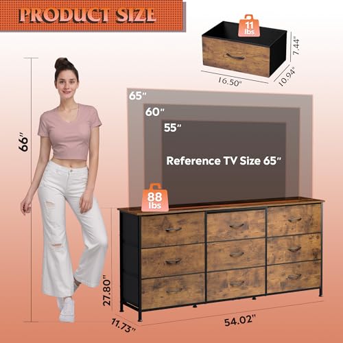 WLIVE Rustic Brown 65 Inch TV Dresser with 9 Fabric Drawers and Wood Top - Ample Storage
