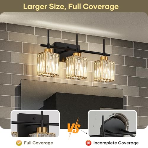 Black Gold Square Shade Crystal Vanity Lights - 3-Light Bathroom Wall Fixture