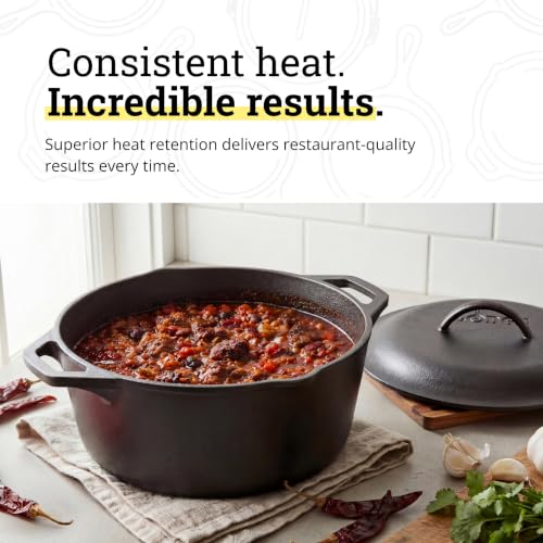 Lodge 7 Quart Cast Iron Dutch Oven with Loop Handles – Oven-Safe, Versatile Cooking Pot
