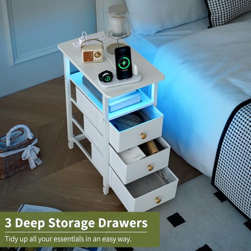 White End Table with Charging Station & 3 Fabric Drawers - Slim Nightstand for Small Spaces