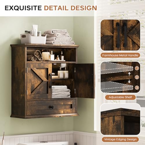 Viroformo Rustic Brown Wall Mounted Bathroom Cabinet with Open Shelf & Removable Drawer