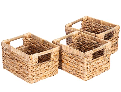 Water Hyacinth Small Wicker Storage Baskets - 3 Pack with Wooden Handles, 10 x 7.5 x 6.3 Inches