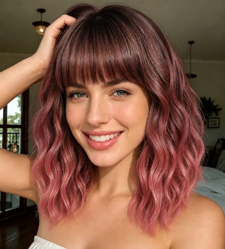 Ombre Pink Wig with Bangs - 14 Inch Short Wavy Curly Bob Hair for Women (Variation: Ombre Pink)
