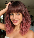 Ombre Pink Wig with Bangs - 14 Inch Short Wavy Curly Bob Hair for Women (Variation: Ombre Pink)