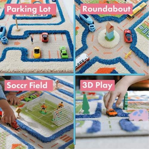 3D Play Rug Traffic Blue - Kids Playmat with Recessed Roads & Landscapes, 39x59 in