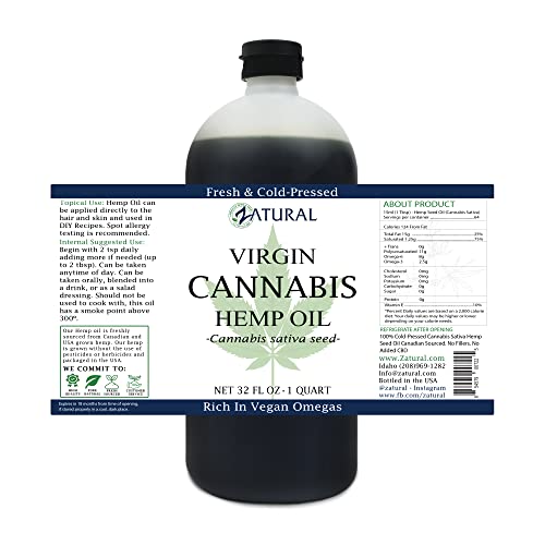 Zatural 100% Pure Hemp Seed Oil - Food Grade & Cold Pressed - Virgin Hemp Oil for Cooking, Smoothies, and Salads (32 Fl Oz)