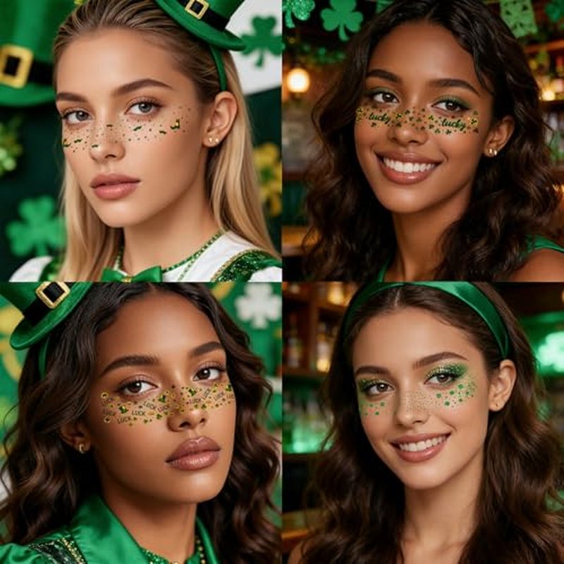 28PCS St. Patrick's Day Glitter Face Temporary Tattoo, Glitter Gold Green Freckles Shamrock Face Stickers, Saint Patricks Fake Tattoos for Adult Women Girls, St. Patrick¡¯s Day Makeup Accessories