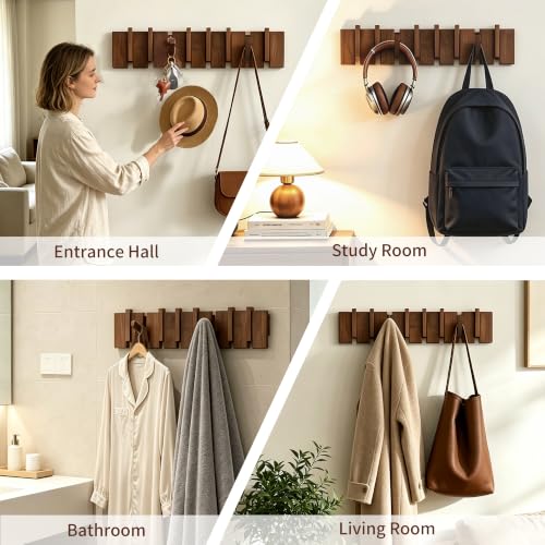 QUELLANCE Wooden Wall Coat Rack with 8 Hooks - Handmade Walnut & Beech Wall Mount Organizer