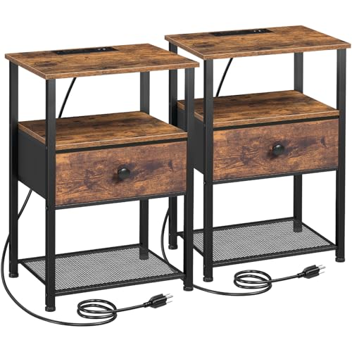 LOAKEKEL Brown Nightstands Set of 2 with Charging Station - Modern Bedroom Side Tables