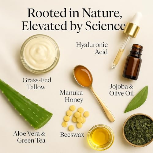 Whipped Tallow Face Moisturizer ? Vanilla Lavender Tallow Balm with Hyaluronic Acid, Manuka Honey, Aloe & Green Tea ? Soothing Skincare for Dry or Sensitive Skin ? 4oz