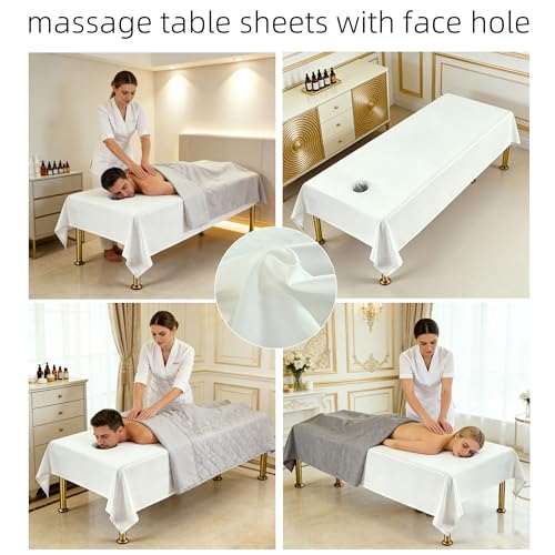 Premium Reusable Massage Table Sheets with Face Hole, Bed Cover Professional Massage Linens Fitted Wax Mat for Esthetician Bed, Stain and Wrinkle-Resistant, Machine Washable (White, 48 * 91 Inch)