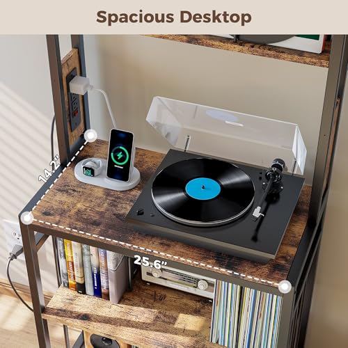 Wooden Record Player Stand with Storage and Power Outlets - Space Saving Vinyl Rack