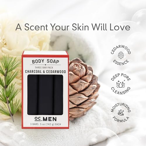 Olivia Care Activated Charcoal Cedarwood Bar Soap 3 Pack Set 100% Natural & Organic ? For Face & Body - Deep Clean, Exfoliate, Moisturize & Hydrate - Amazing Masculine Fragrance - 3 X 5 OZ