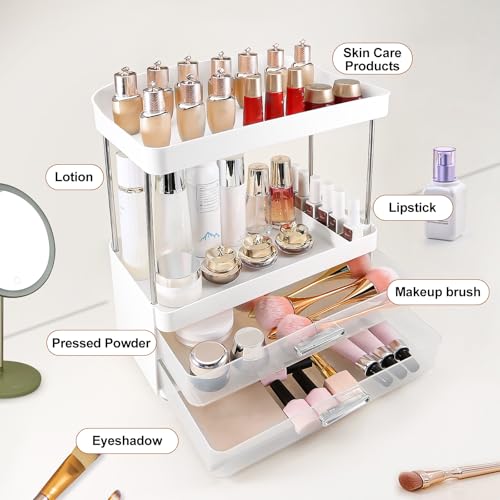 DASITON 4 Tiers Makeup Organizer, 2 Drawers Large Cosmetic Organizers for Vanity Bathroom Countertop, Bathroom Organizers and Storage for Skincare, Cosmetic, Perfume, Dresser Organizer (White+Clear)
