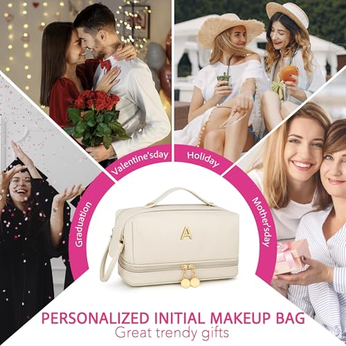 Initial Makeup Bag Travel Toiletry Bag for Women - Beige | Personalized Gift