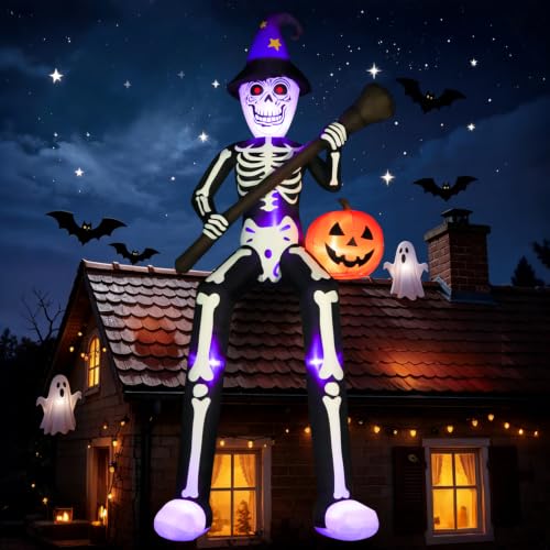 Halloween Inflatable Skeleton Wizard 12 FT with Broom & Pumpkin - Roof Skeleton Variation