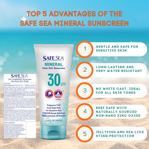 SAFE SEA Zinc Oxide Sunscreen SPF30 - 3.4oz Reef Safe Clear Face & Body Lotion, Jellyfish & Sea Lice Sting Protection (1 Pack)