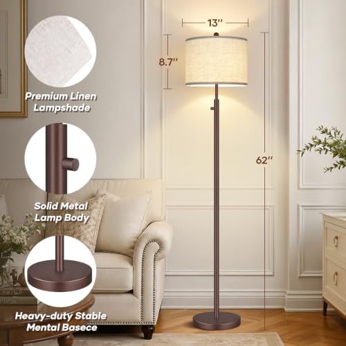 Dimmable Floor Lamp with Linen Shade - Matte Brown Tall Standing Light, 11W LED Bulb Included