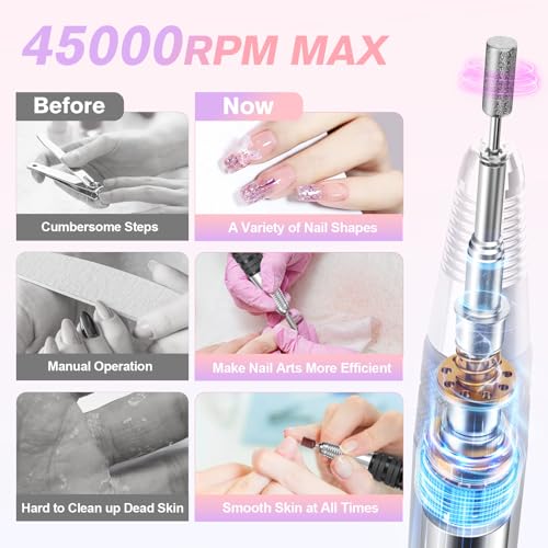 Cordless Nail Drill Kit with 11 Bits & 45000RPM for Manicure & Pedicure - Black