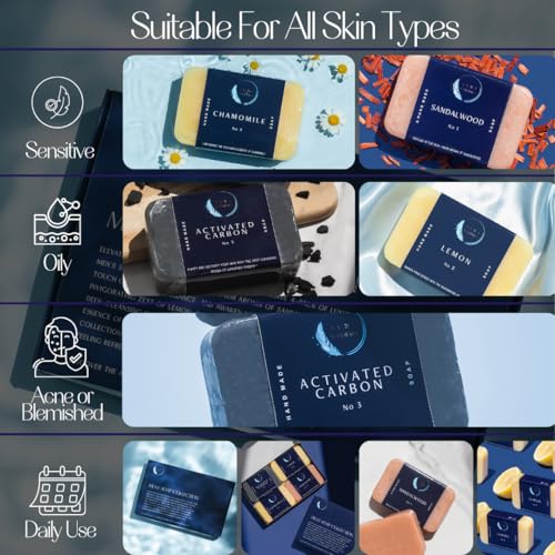 Men's Natural Exfoliating Bar Soap Pack of 4 – Sandalwood, Lemon, Charcoal & Chamomile