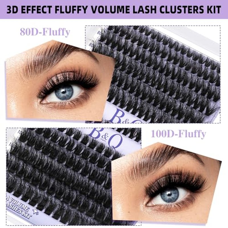B&Q Volume Lash Clusters Kit 280PCS Lash Extension Kit Thick 3D Wispy DIY Eyelash Extension Set with Individual Lashes, Lash Bond and Remover,Tweezers(80D+100D)