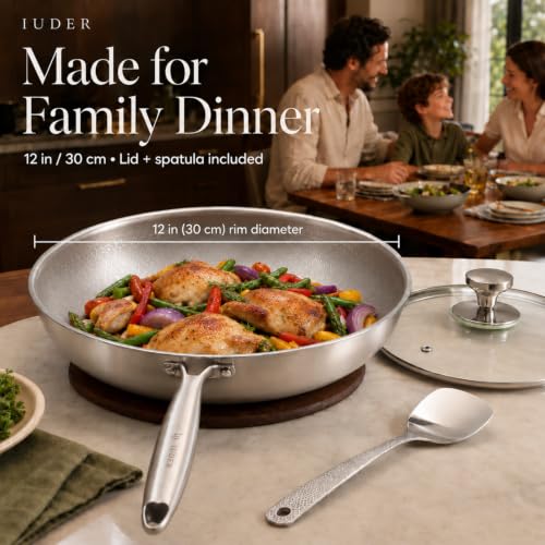 IUDER 12-Inch Titanium Frying Pan with Lid, Coating-Free, Hammered Surface