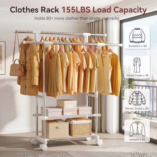 Heavy-Duty Double Rod Rolling Clothes Rack with Shelves - Adjustable, 155 lbs Capacity