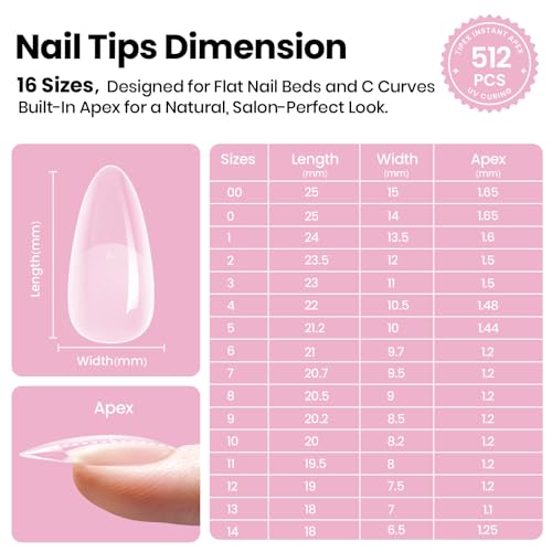 Beetles Tipex Lite Instant Nail Tips Medium Almond 512pcs - 16 Sizes