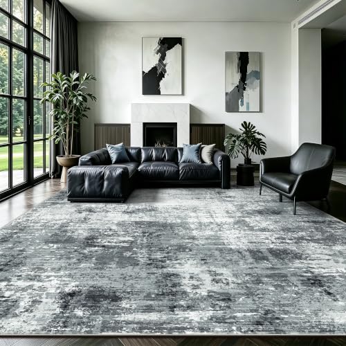 8x10 Grey Modern Abstract Washable Rug - Ultra Soft Non-Slip Low Pile Floor Carpet for Living Room Bedroom Office