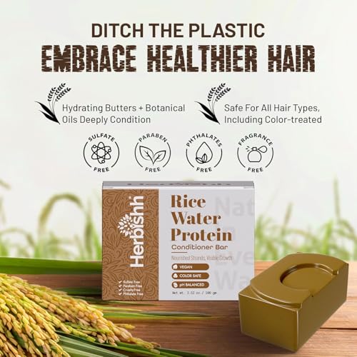 Herbishh Rice Water Conditioner & Castor Oil Shampoo Bar Set - Nourishing Hair Care for Dry and Damaged Hair - Vegan, Sulfate-Free, 2 x 3.53 oz