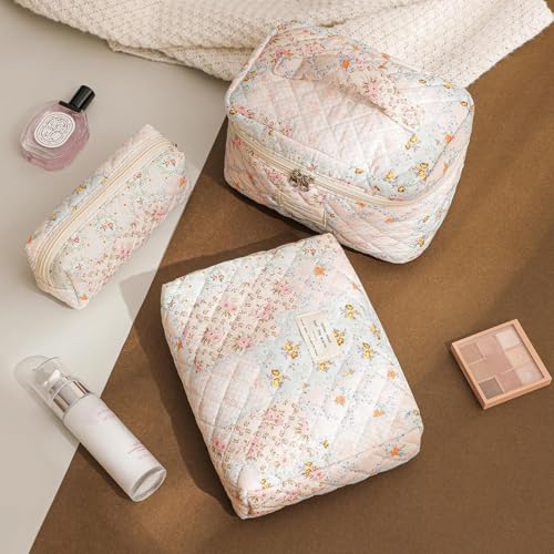 Large Quilted Makeup Bag for Women - 3 Pack Pink Flower Variation