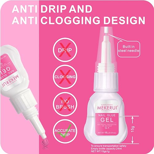 MEKERUI 2 Pack Nail Glue Gel & Remover Set - Long-lasting 30+ Days, Quick Dry, Waterproof, Salon Professional, 1 Fl Oz Each