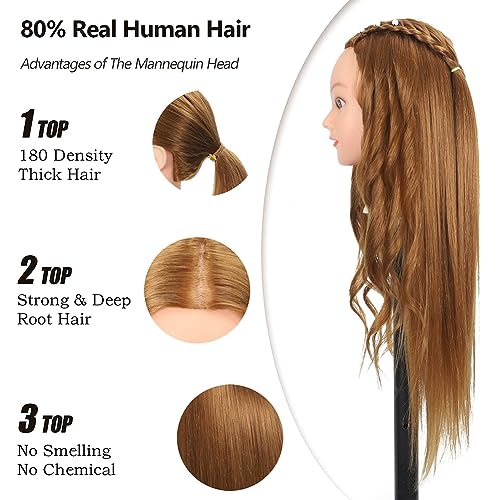 Mannequin Head with 80% Human Hair for Hair Styling Practice - 27# Dark Brown