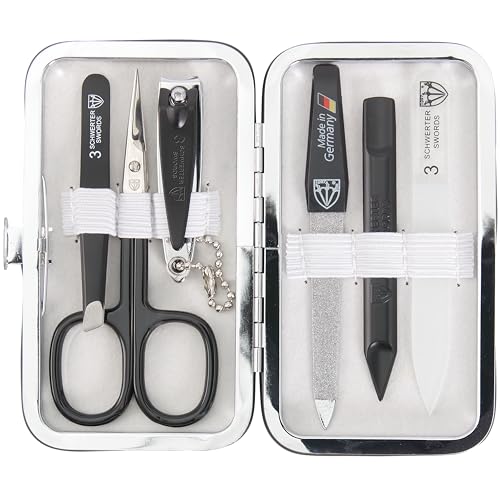 Manicure Pedicure Grooming Kit - 6 Piece Set with Nail Files, Clipper, Tweezers - White-Black Variation