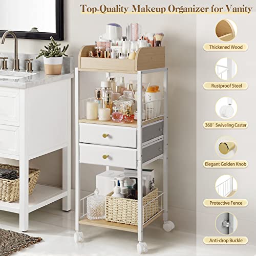 White Makeup Organizer with Drawers and Casters - Floor Vanity Storage for Cosmetics & Skincare