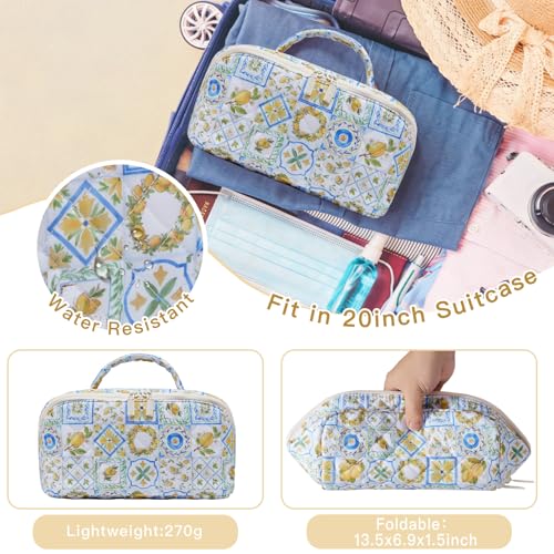 Lemon Print Travel Cosmetic Bag Organizer for Women - Large Quilted Makeup & Skincare Storage, Effortless Flat Lay Design, Vacation Essentials