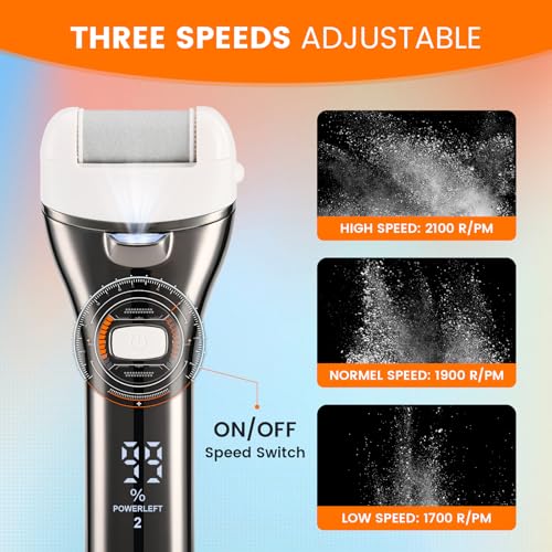 Electric Foot Callus Remover, Rechargeable Portable Electronic Foot File Pedicure Kit, Pedicure Tools for feet, 3 Roller Heads, 3 Speed, Battery Display for Remove Cracked Heels Calluses£¨BCM-1852£©