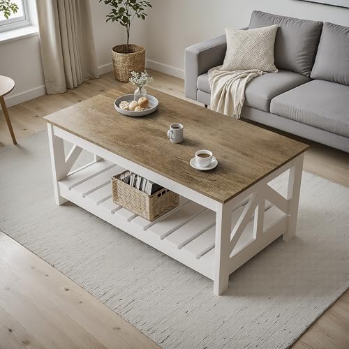 YESHOMY Farmhouse Coffee Table with Storage - Gray & White Rectangular