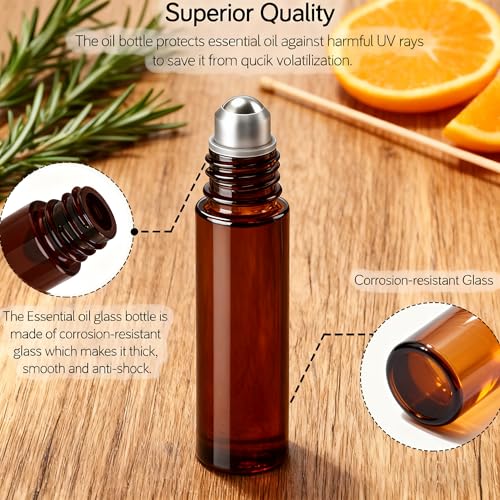 PrettyCare Set of 120, Bulk 10 ml Essential Oil Roller Bottles with Stainless Steel Roller Ball - Refillable Leak-proof Empty Thick Amber Glass Roll on Bottles with Golden Caps for Travel, Perfume