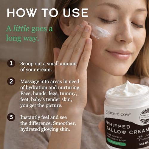 SACRED COW 100% Pure Organic Grass Fed Beef Tallow for Skin Care, Face Moisturizer, Body Butter, Hand Cream - Natural Whipped Tallow & Honey Balm Lotion Cream - Made in the USA - 4oz (UNSCENTED)