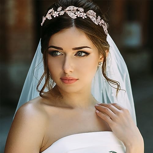 Rose Gold Wedding Headband with Flower Leaves Design Bridal Hair Vine