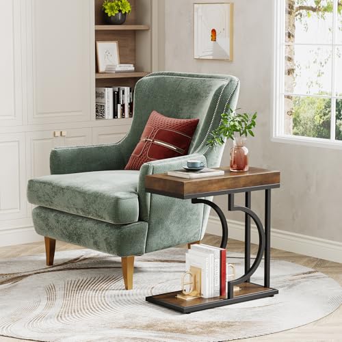 Tribesigns Narrow C Shaped Side Table for Couch Brown+Black - Small Living Room Sofa End Table