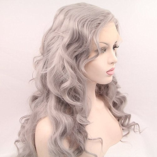 Gray 13x4 Lace Front Synthetic Wig Long Curly Silver Hair for Women & Drag Queens - Halloween Cosplay