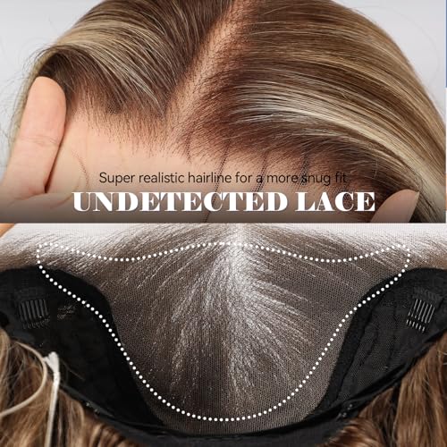 HD 13x6 Lace Front Synthetic Wig - 24 Inch Long Curly Brown Highlight Layered Wigs for Women
